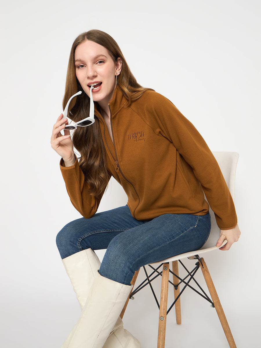 Madame Raglan Sleeve Embroidered Brown Zipped Sweatshirt