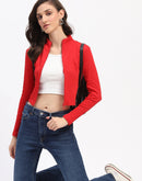 Madame Ribbed Mock Neck Zipped Red Crop Top