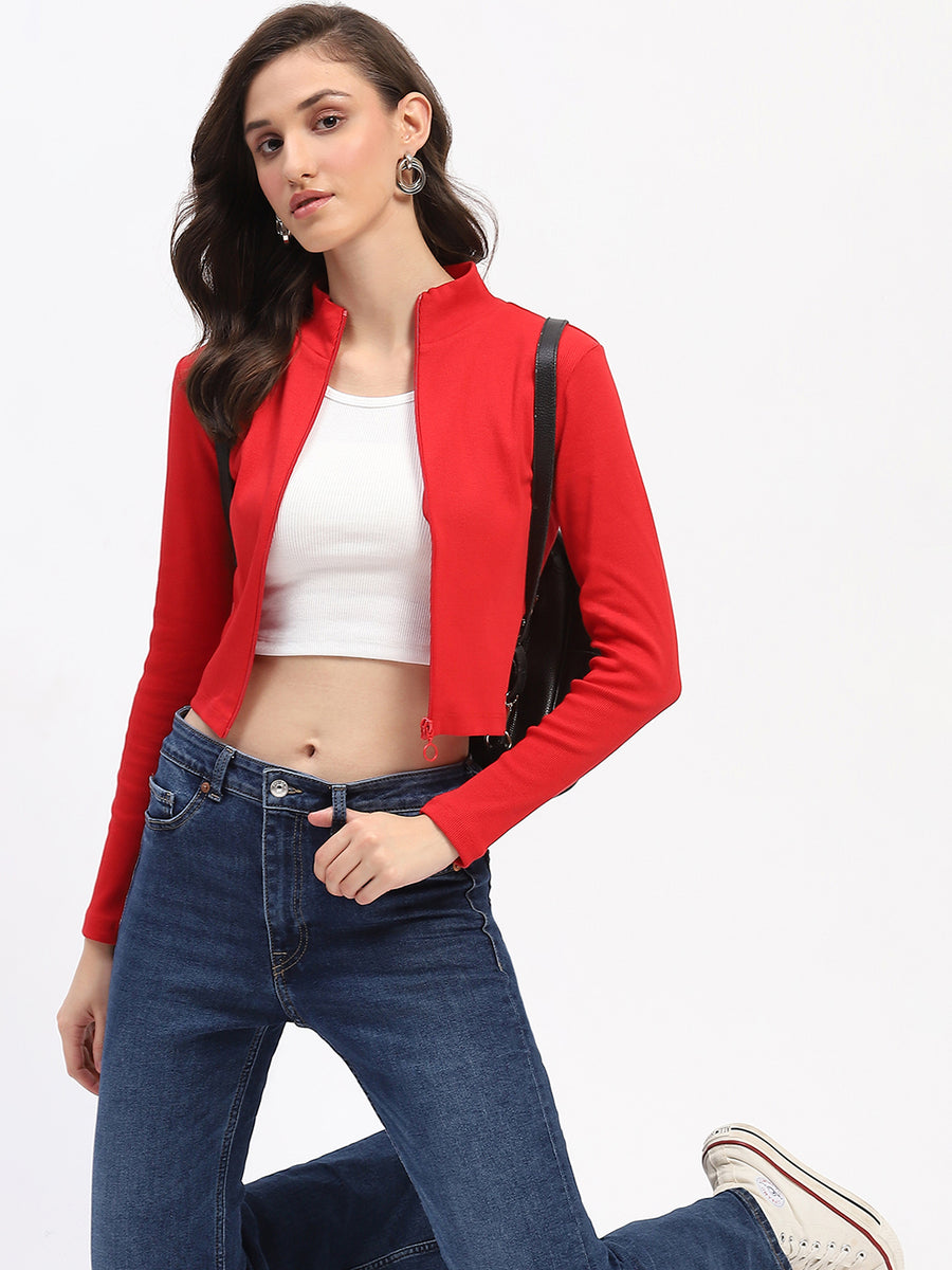 Madame Ribbed Mock Neck Zipped Red Crop Top