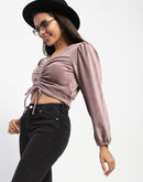 Madame Ruched V Neck Puff Sleeve Velvet Crop Top