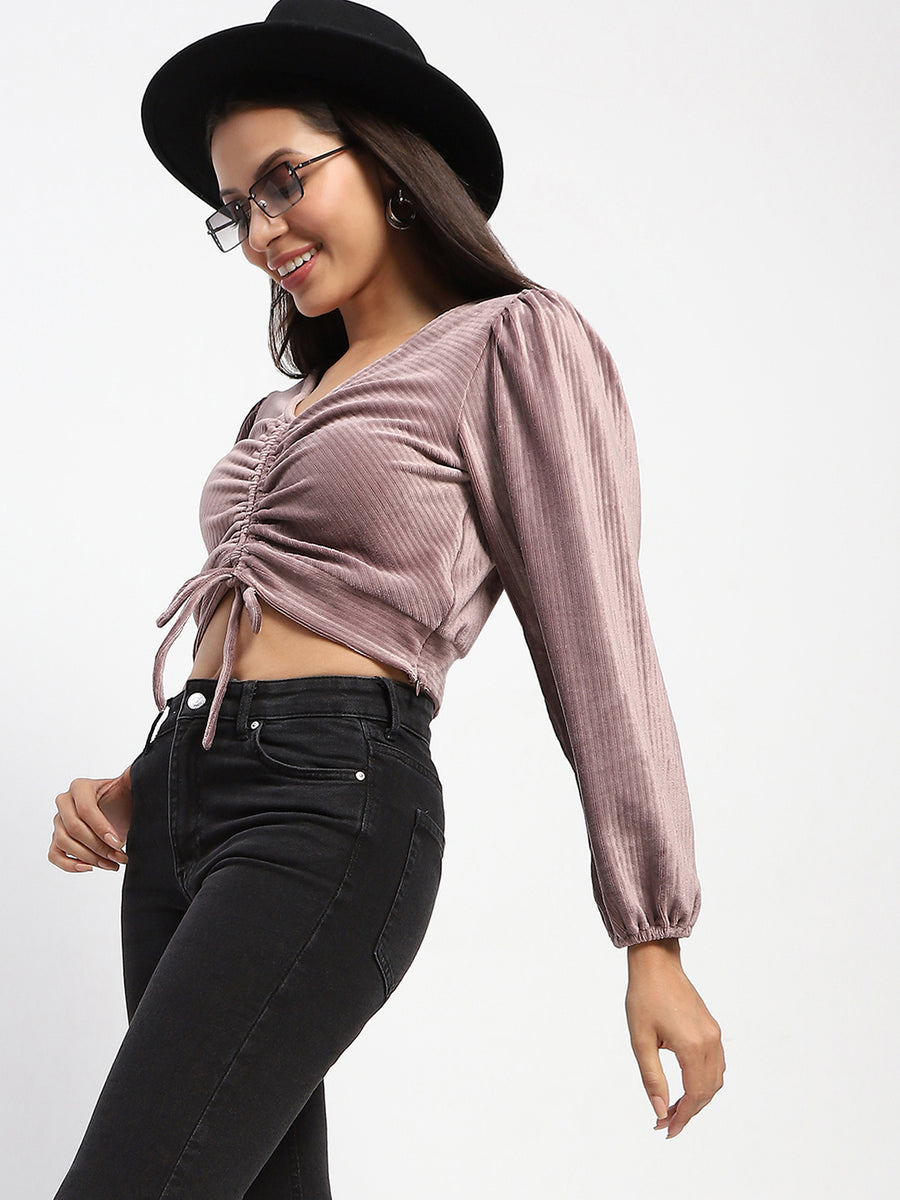 Madame Ruched V Neck Puff Sleeve Velvet Crop Top