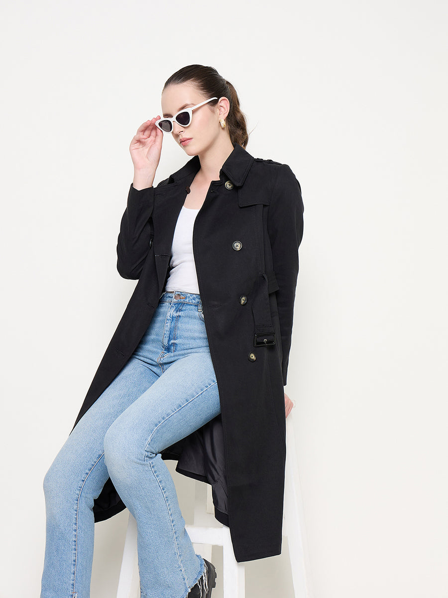 Madame Double Breasted Buckled Belt Black Trench Coat