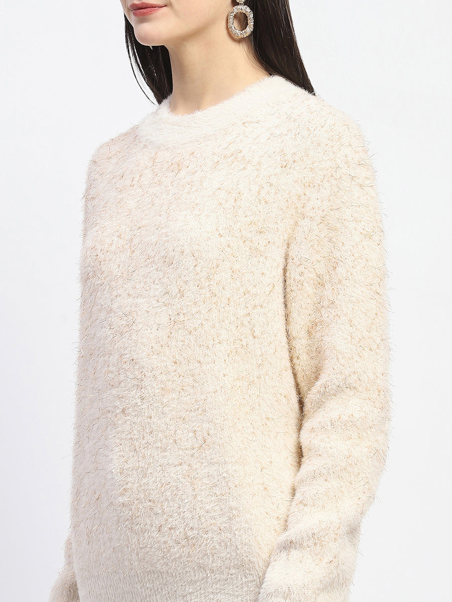 Madame Nylon Blend Full Sleeve Solid Beige Sweater