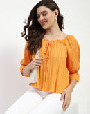 Madame Textured Cotton Blend Smocked Orange Top