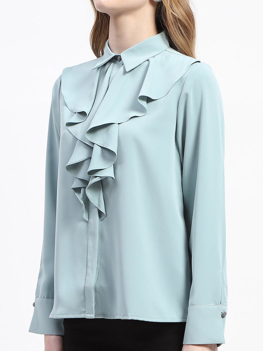 Madame Ruffle Collar Solid Grey Shirt