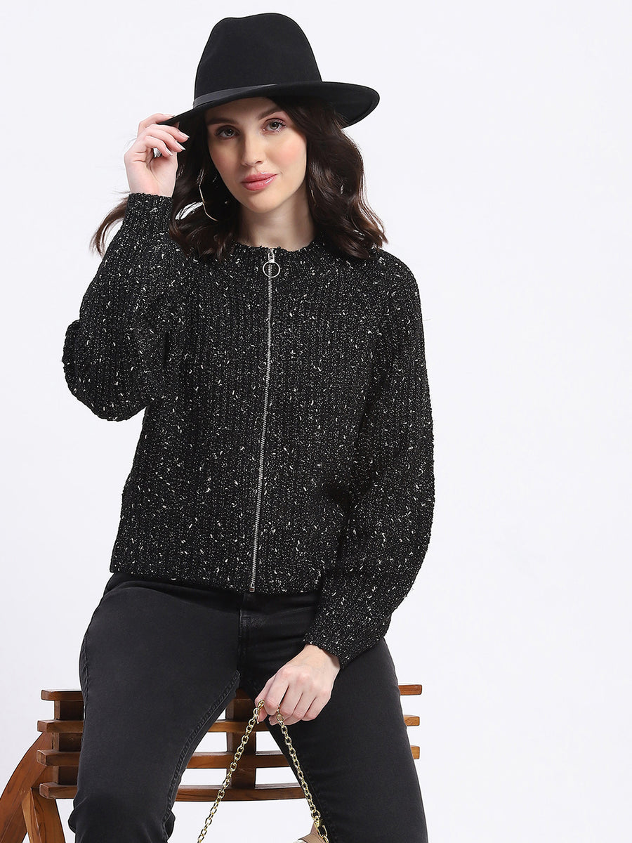 Madame Speckled Zip Up Black Acrylic Sweater