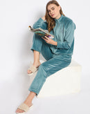 mSECRET Velour Branding Zipped Mint Green Top and Bottom Night Suit