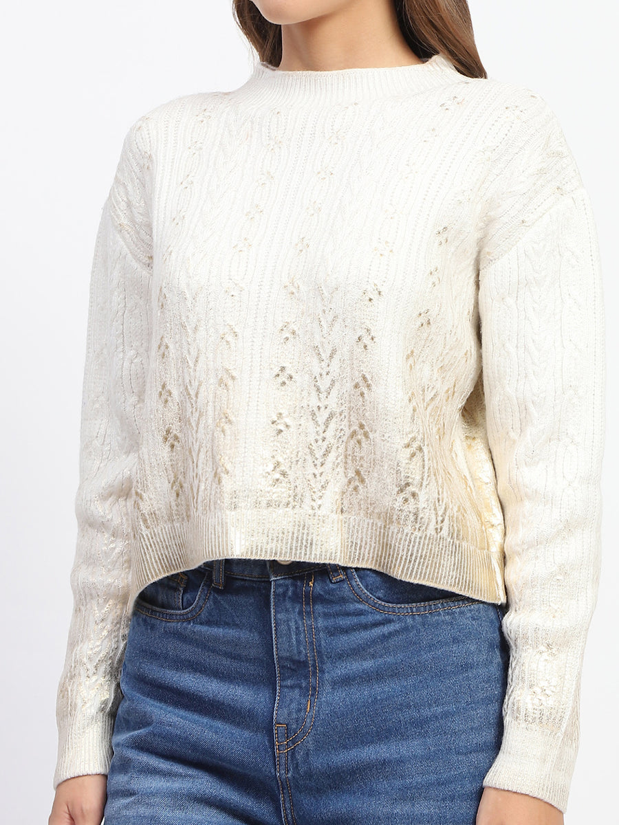 Madame Solid Off White Cable Knit Sweater