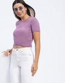 Madame Ribbed Round Neck Bodycon Solid Lilac Top