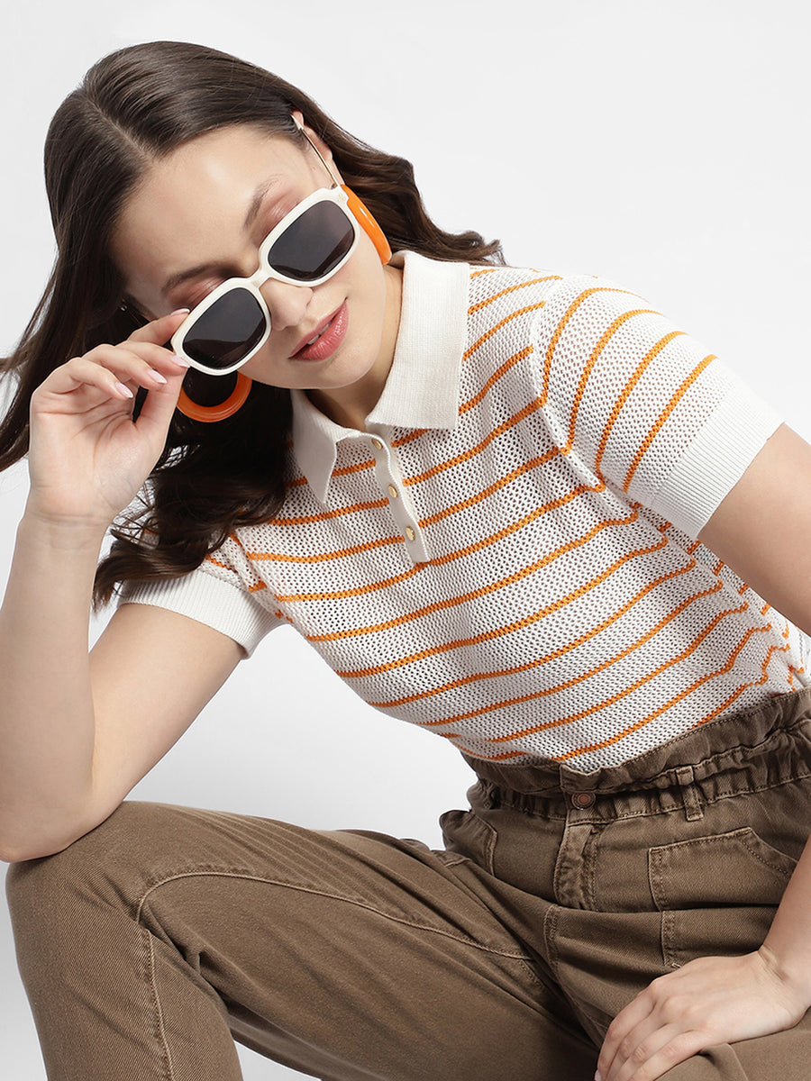 Madame Orange Striped Polo Neck T-Shirt