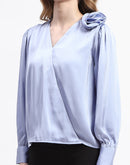 Madame Blue Satin Wrap Top with Flower Detail