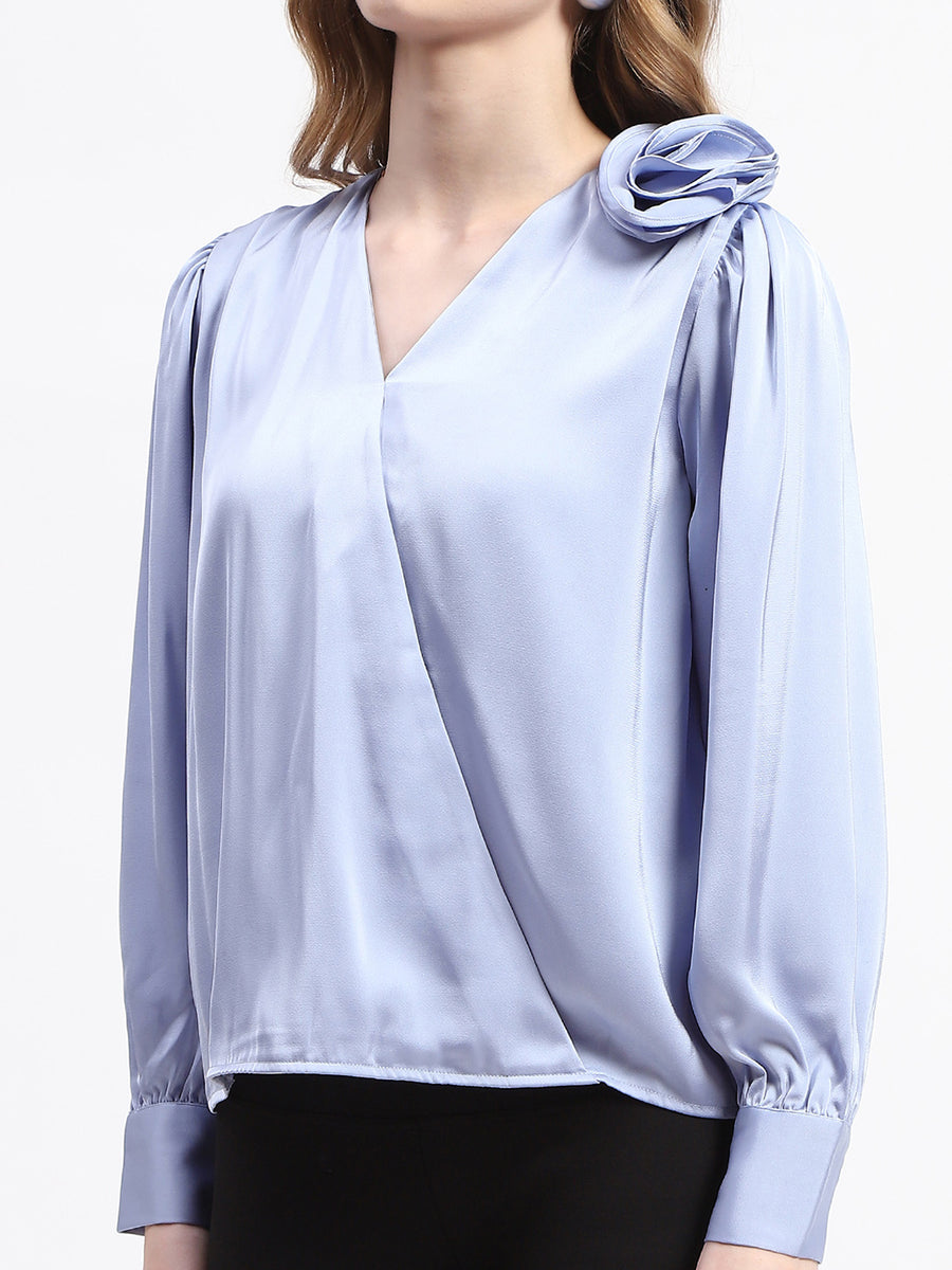 Madame Blue Satin Wrap Top with Flower Detail