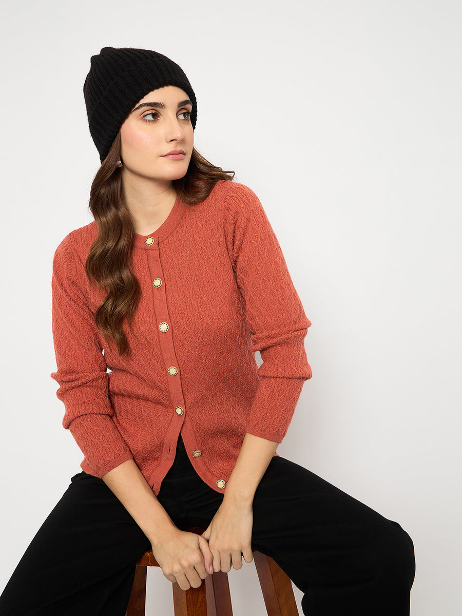 Madame Cable Knit Round Neck Rust Red Cardigan