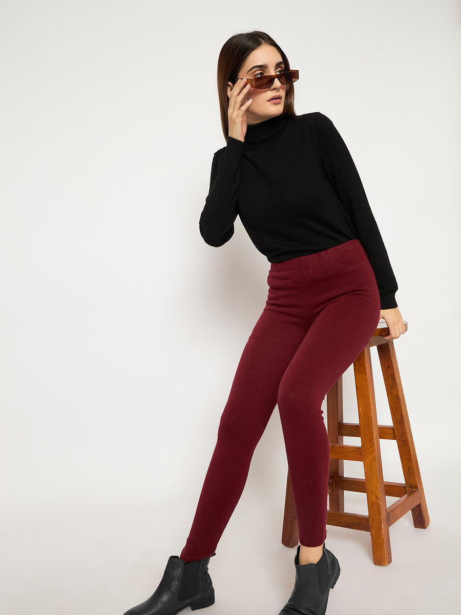 Madame Skinny Fit Solid Maroon Tights