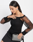 Madame Sheer Sleeve Gathered Off Shoulder Black Top