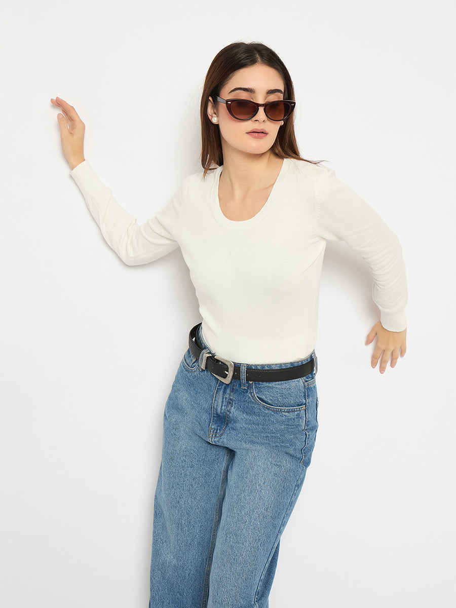 Madame Round Neck Ribbed Cuff Off White Sweater