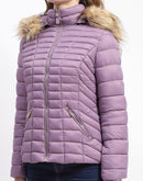 Madame Faux Fur Trimmed Hood Quilted Mauve Puffer Jacket