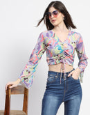 Madame Ruched Abstract Print Bell Sleeves Lilac Crop Top