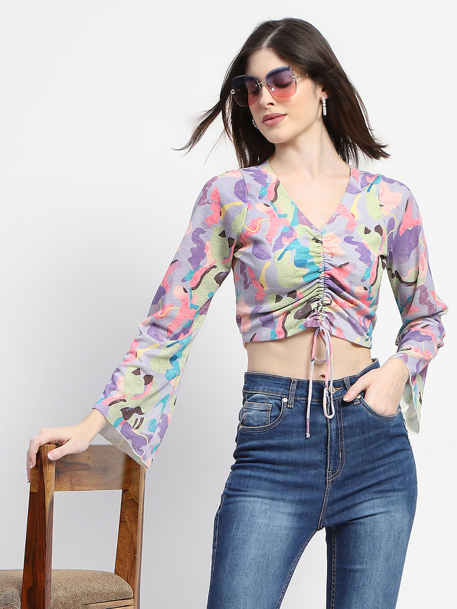 Madame Ruched Abstract Print Bell Sleeves Lilac Crop Top