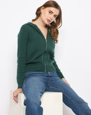 Madame Zip Solid Green Hooded Sweater