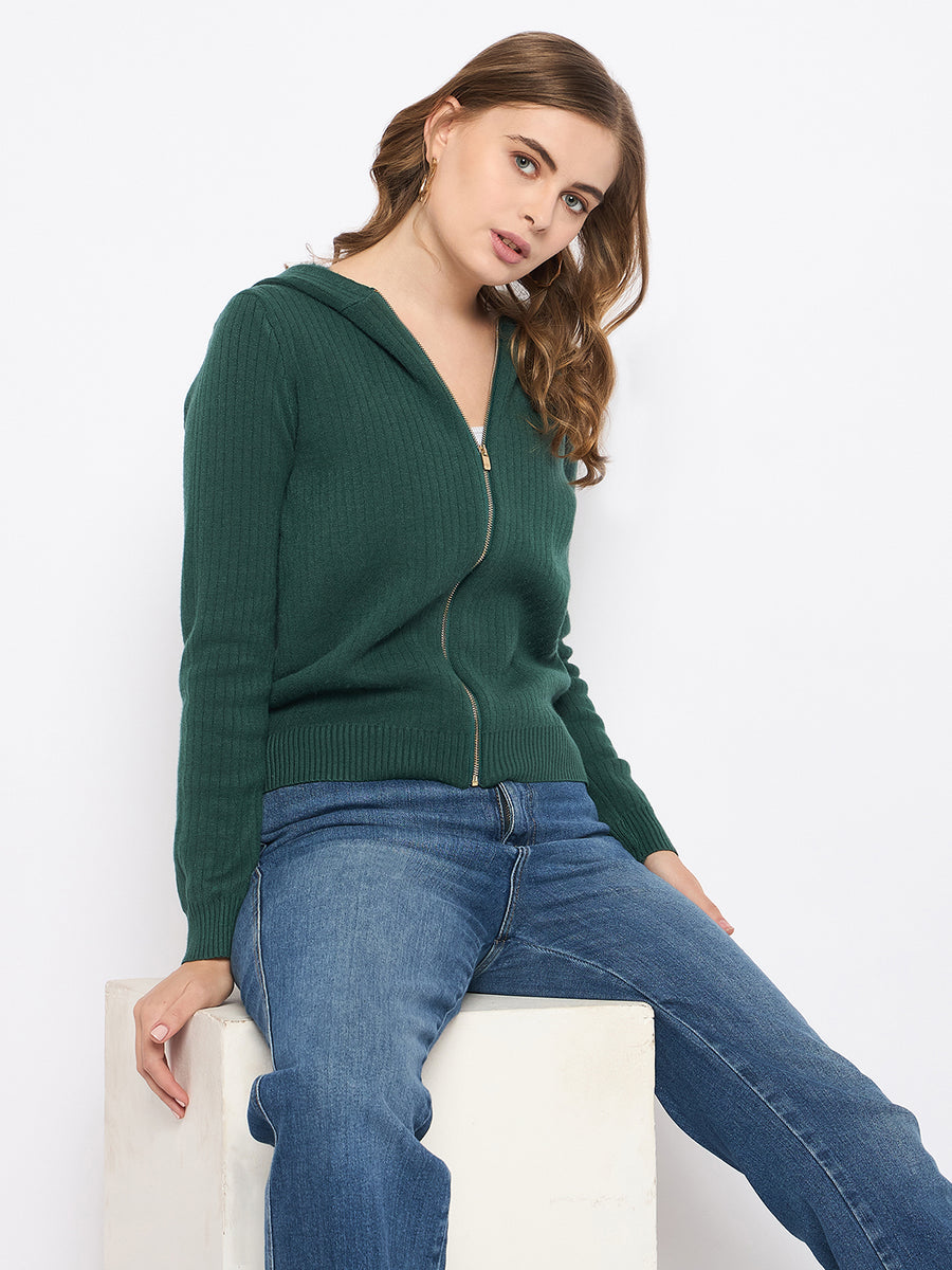 Madame Zip Solid Green Hooded Sweater