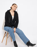 Madame Knitted Self-Textured Zipped Black Hooded Sweatshirt