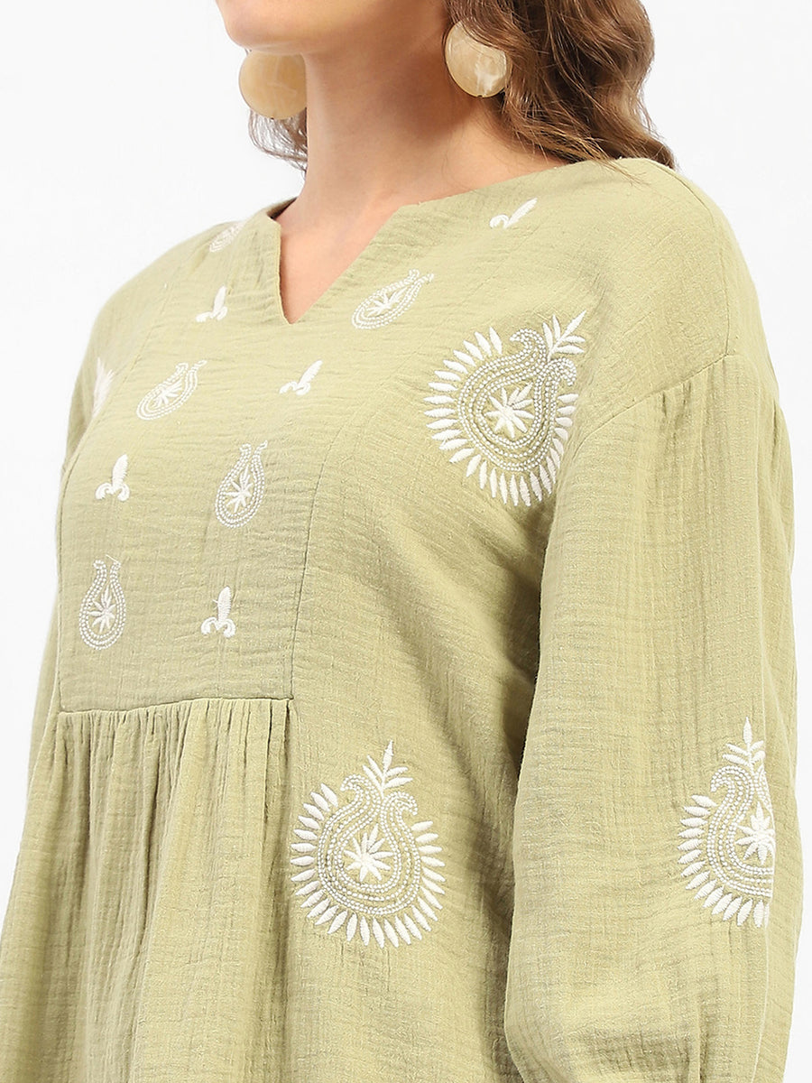 Madame Balloon Sleeve Green Chikankari Work Top