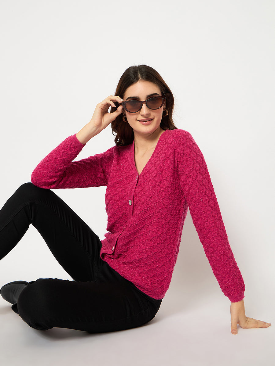 Madame Cable Knit V Neck Hot Pink Cardigan