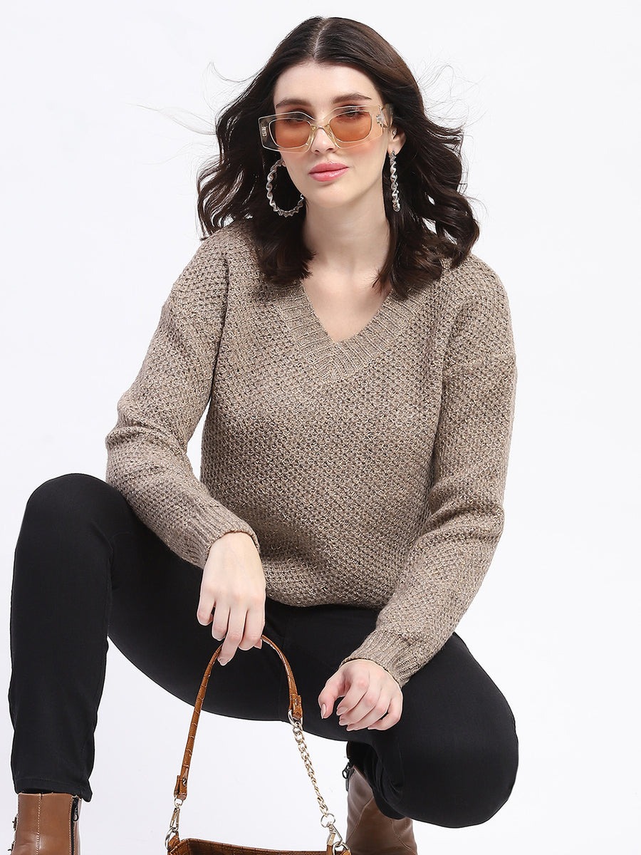 Madame V Neck Relaxed Fit Brown Sweater