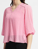 Madame V-Neck Puffed Sleeve Pink Dobby Top