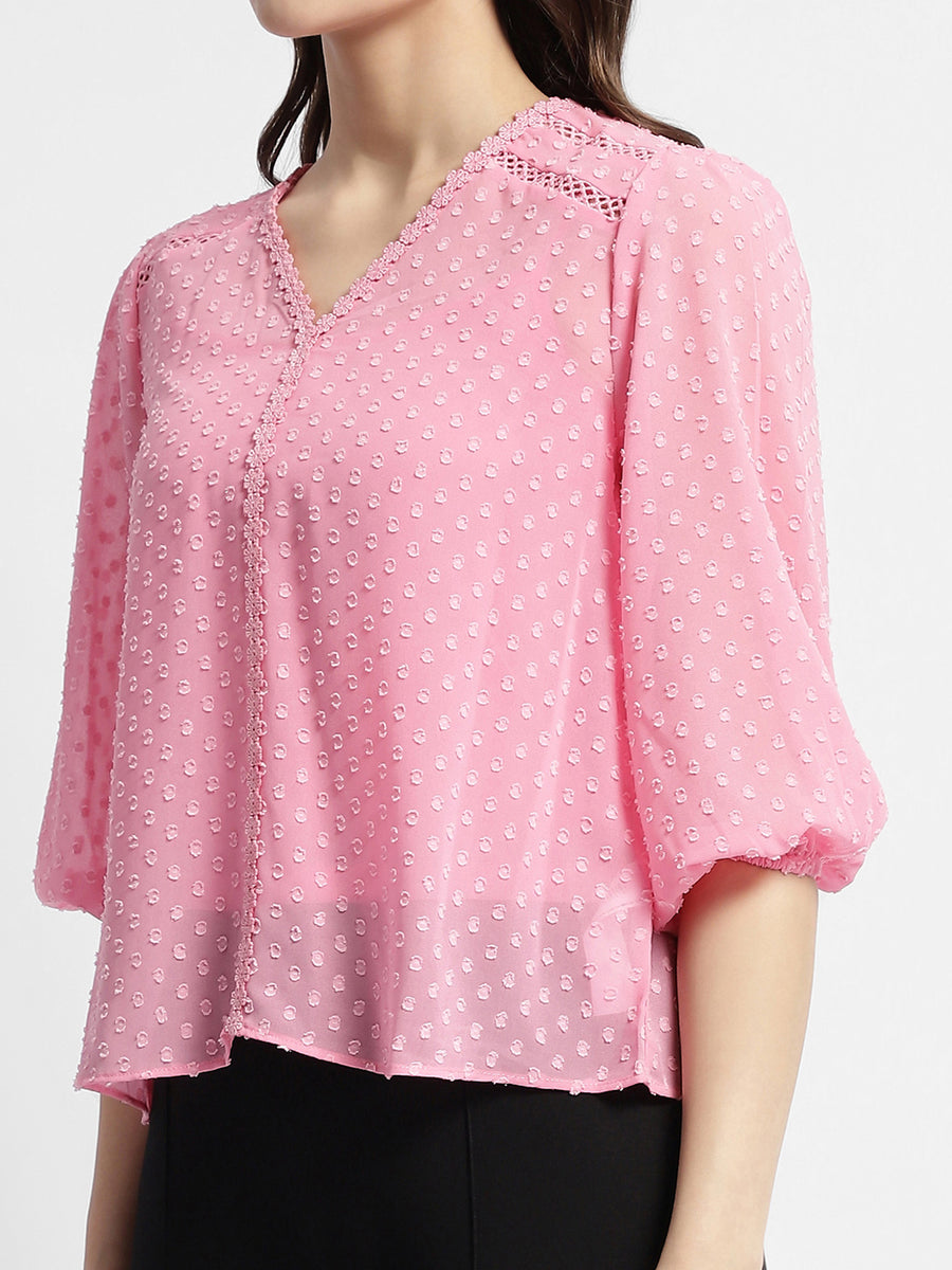 Madame V-Neck Puffed Sleeve Pink Dobby Top