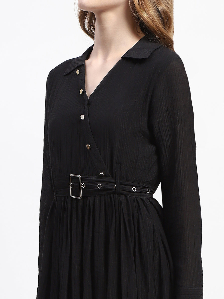 Madame Pleated Cotton Blend Black Shirt Dress