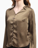 Madame Satin Bell Sleeve Collared Solid Olive Green Top