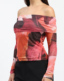 Madame Off Shoulder Semi Sheer Abstract Print Orange Top