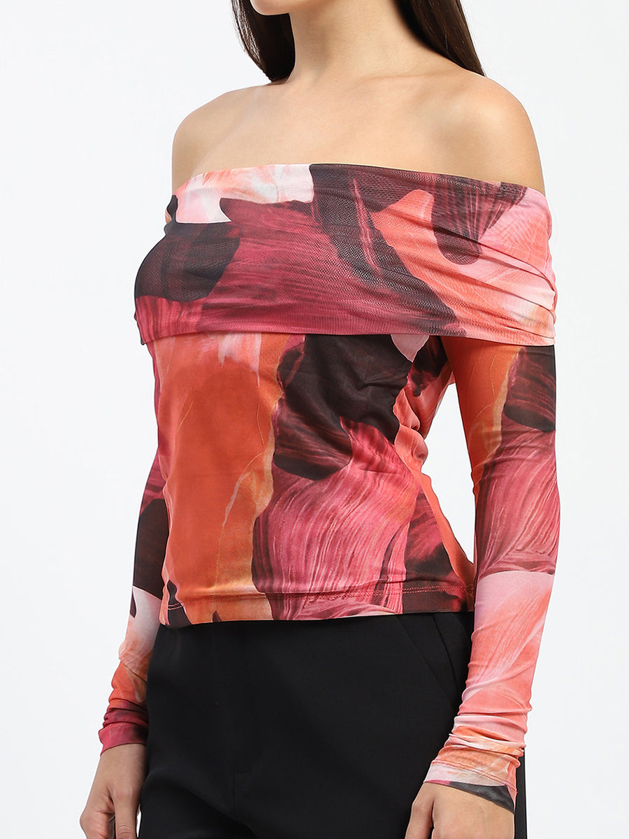 Madame Off Shoulder Semi Sheer Abstract Print Orange Top