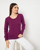 Madame Round Neck Ribbed Cuff Purple Sweater