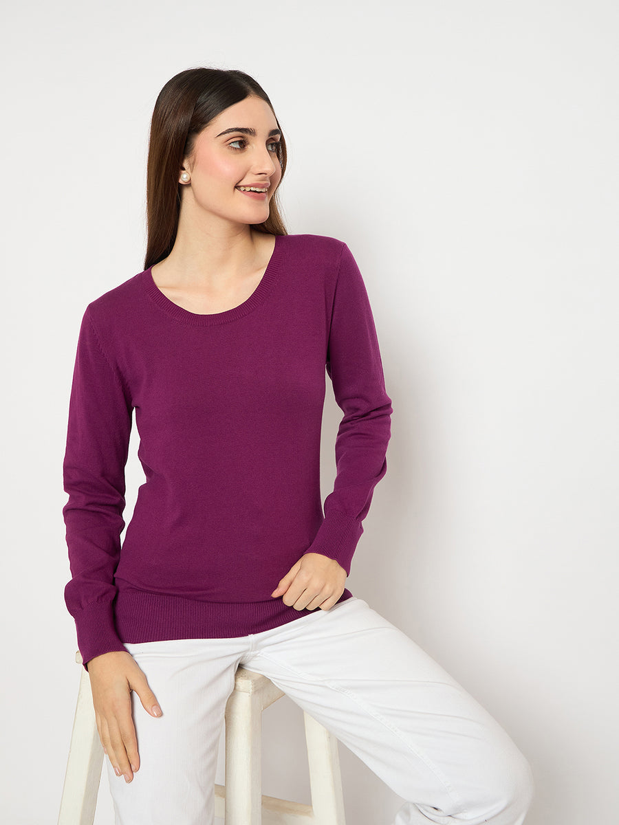 Madame Round Neck Ribbed Cuff Purple Sweater