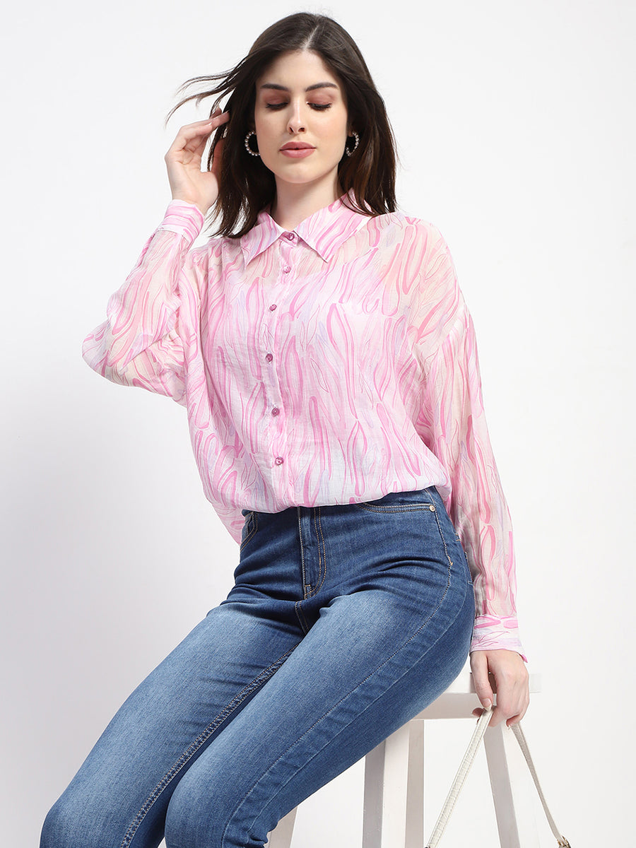 Madame Semi Sheer Abstract Print Baby Pink Shirt