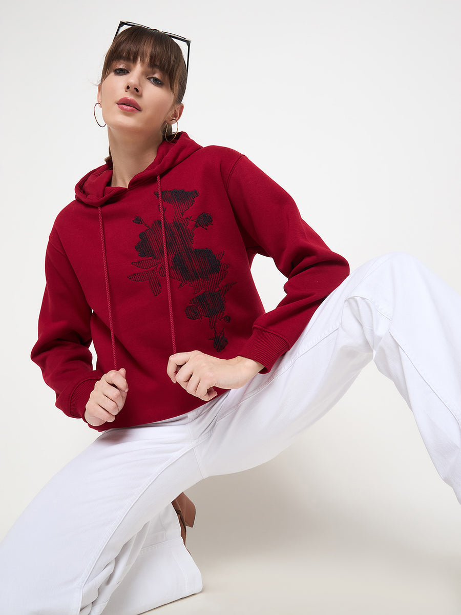 Madame Floral Print Adorned Cotton Blend Red Sweatshirt