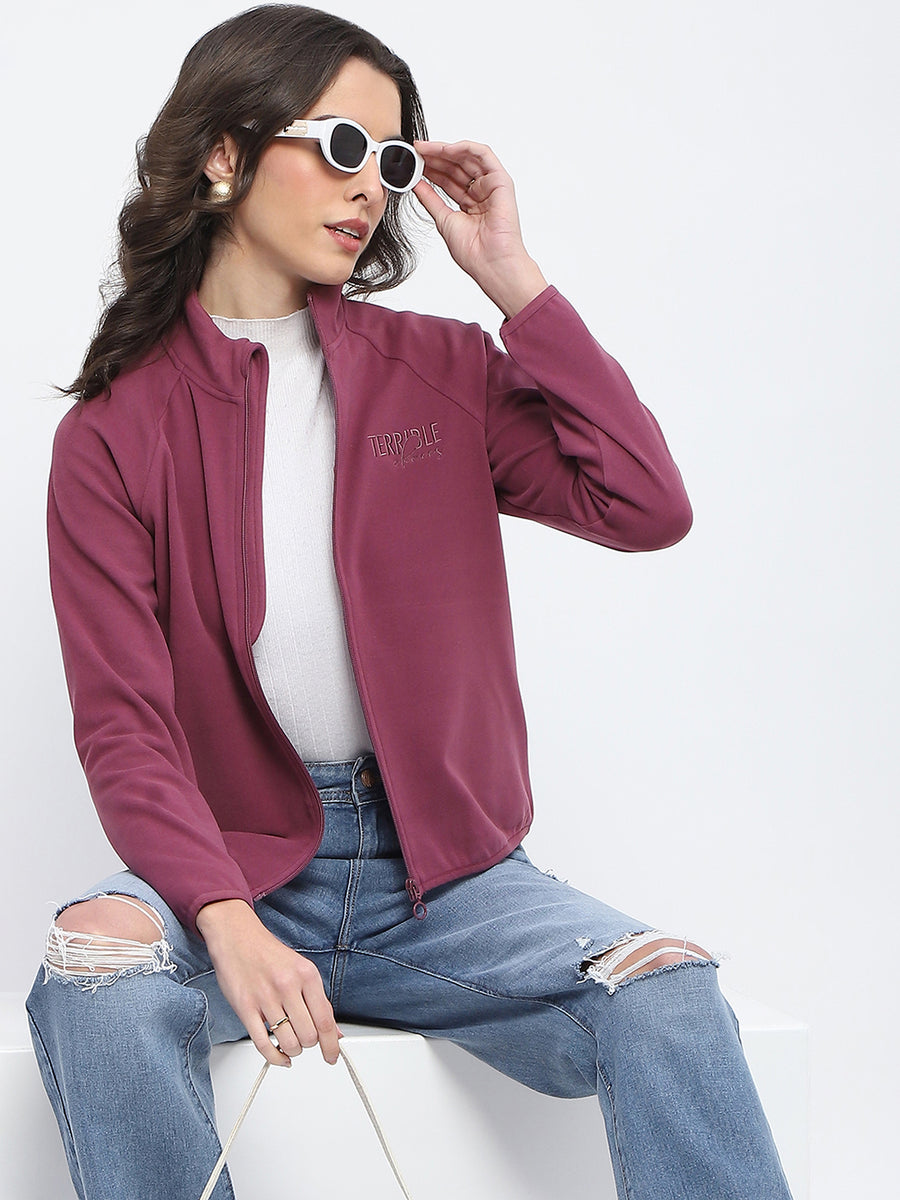 Madame Raglan Sleeve Embroidered Plum Zipped Sweatshirt