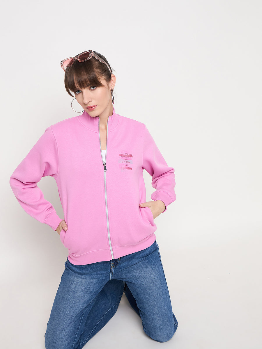 Madame Graphic Adorned Zipped Cotton Blend Pink Sweatshirt