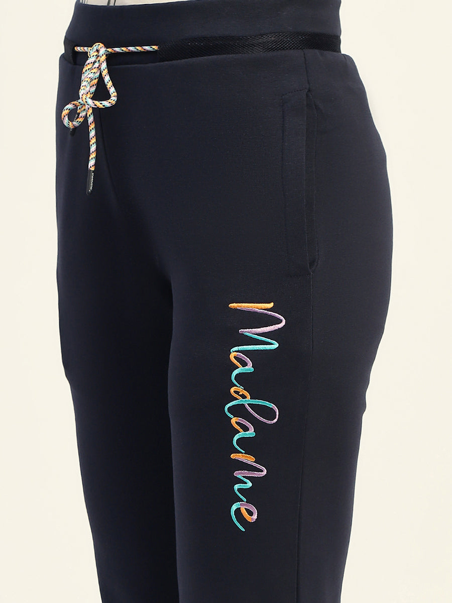 Madame Typography Print Navy Cotton Track Bottom