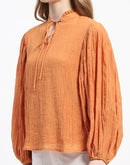 Madame Mock Neck Solid Orange Cotton Blend Top