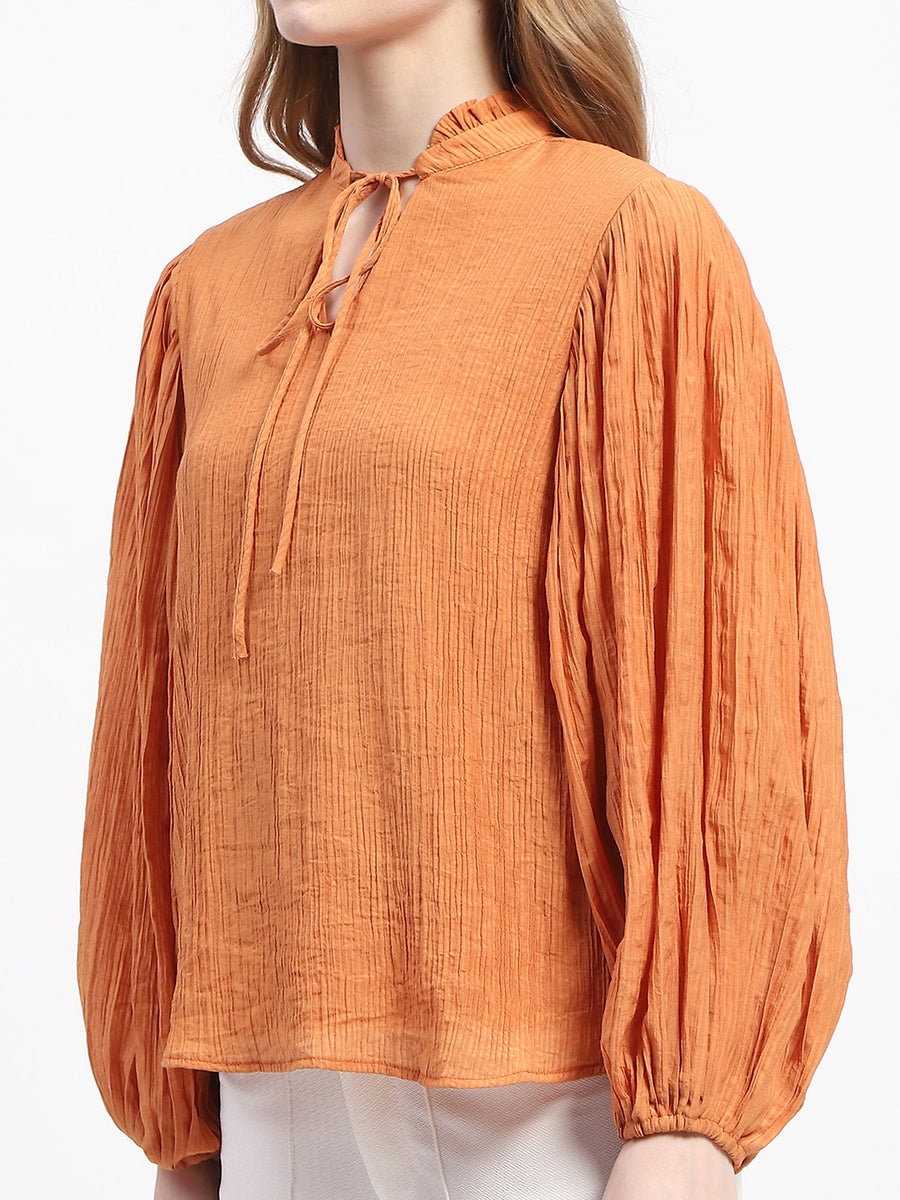 Madame Mock Neck Solid Orange Cotton Blend Top