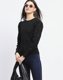 Madame Adorned Sleeves Solid Black Knitted Top