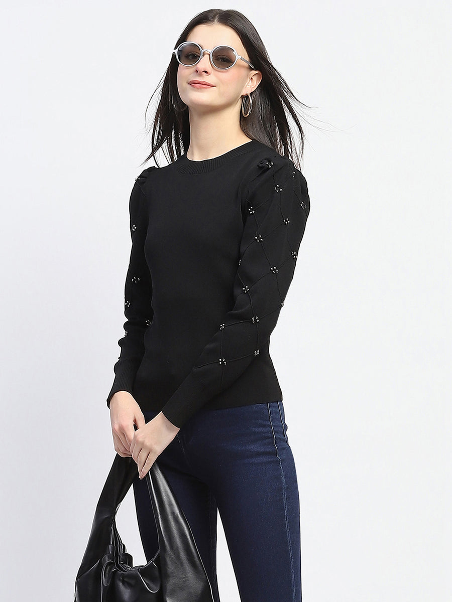 Madame Adorned Sleeves Solid Black Knitted Top