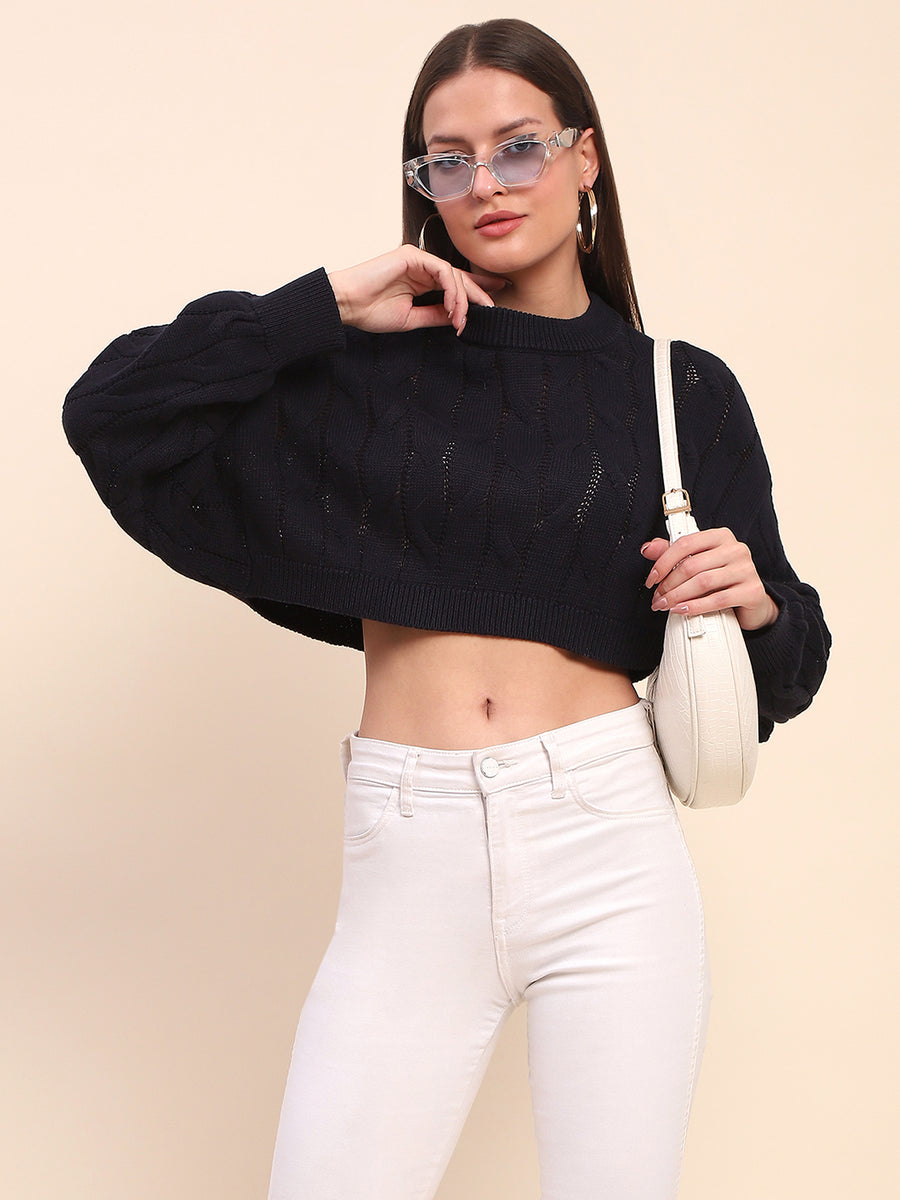 Camla Barcelona Cotton Cable Knit Navy Blue Crop Sweater