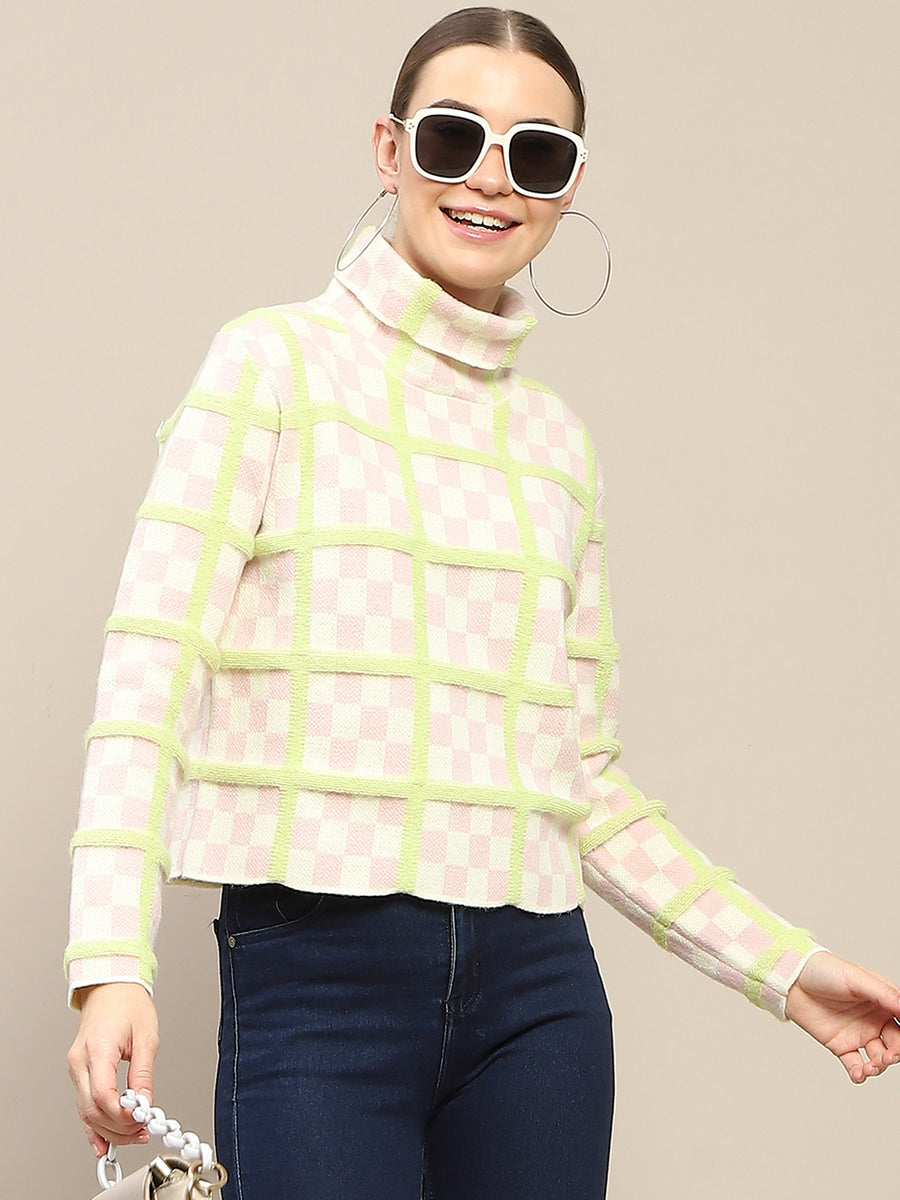 Madame Chequered Full Sleeve Pink Sweater