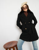 Madame Faux Fur Appliqué Double Breasted Black Long Coat