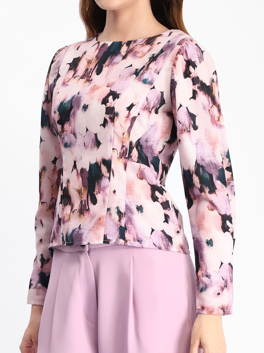 Madame Floral Print Full Sleeve Mauve Rayon Blend Top